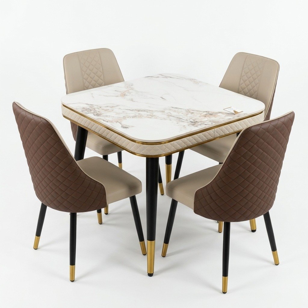 Table de Salle à Manger Carrée Effet Marbre Blanc & Or