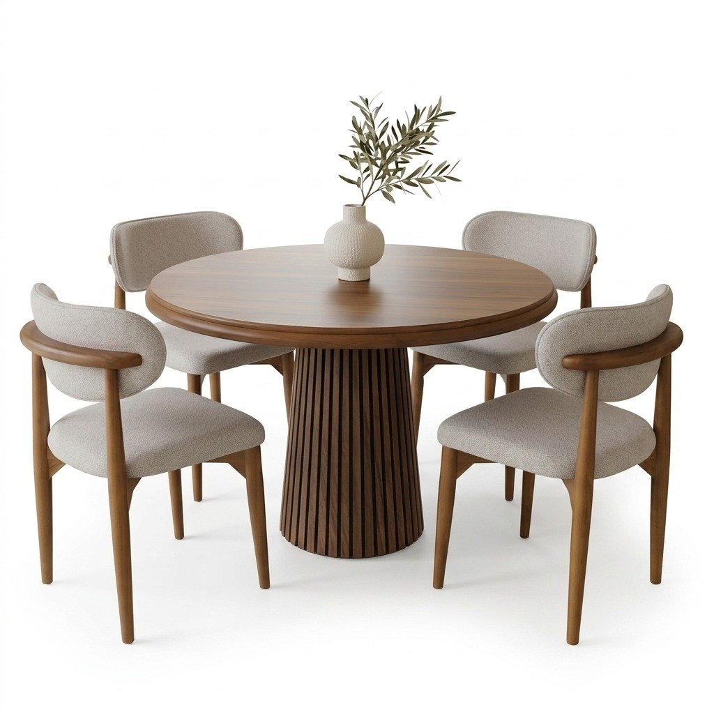 Table Ronde à Pied Conique Cannelé & 4 Chaises Beige