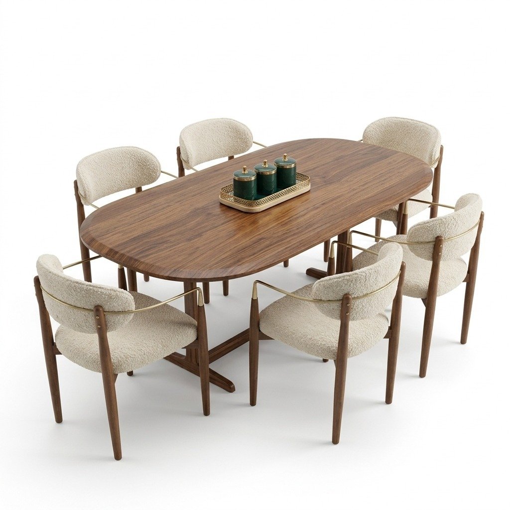 Table Ovale Bois Noyer & 6 Chaises en Tissu Bouclé Beige